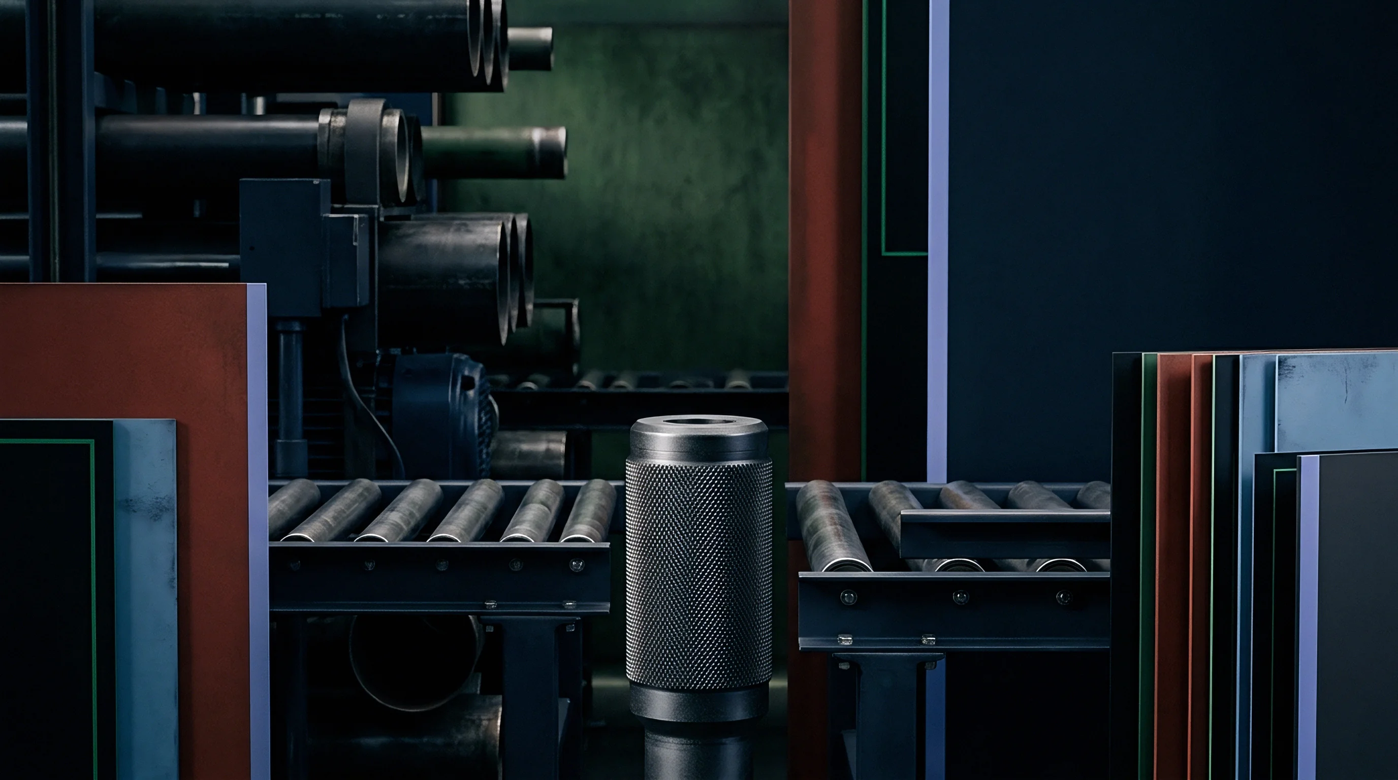 A rendered industrial facility features a knurled steel cylindrical component positioned upright on a dark metal roller conveyor system.