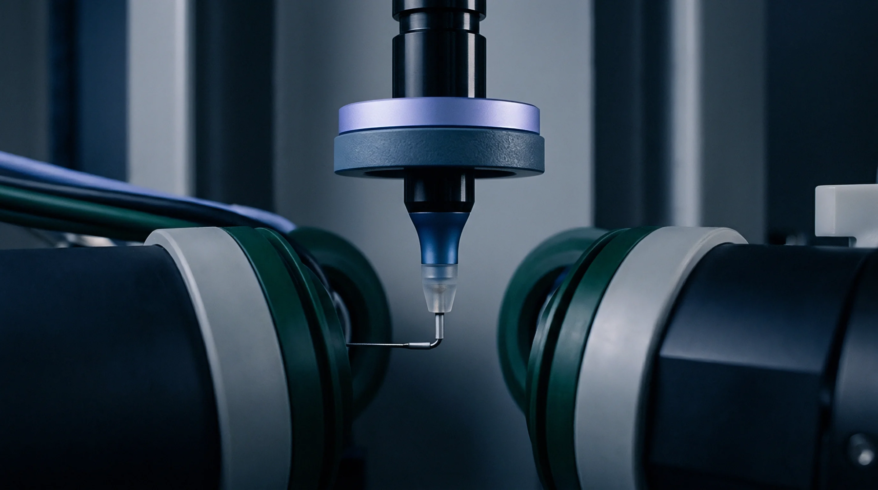 A precision industrial metrology probe descends between two green cylindrical housings to measure a small moulded plastic part on a production line.