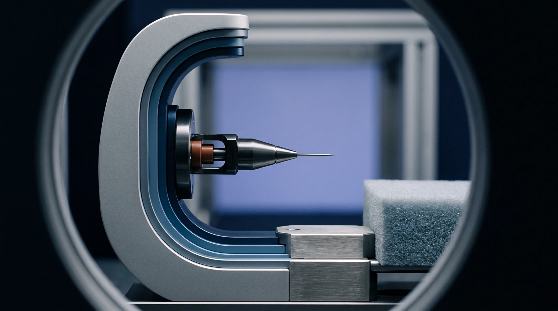 A precision metrology probe extends from a metallic frame toward a polymer foam block inside a dark testing enclosure.