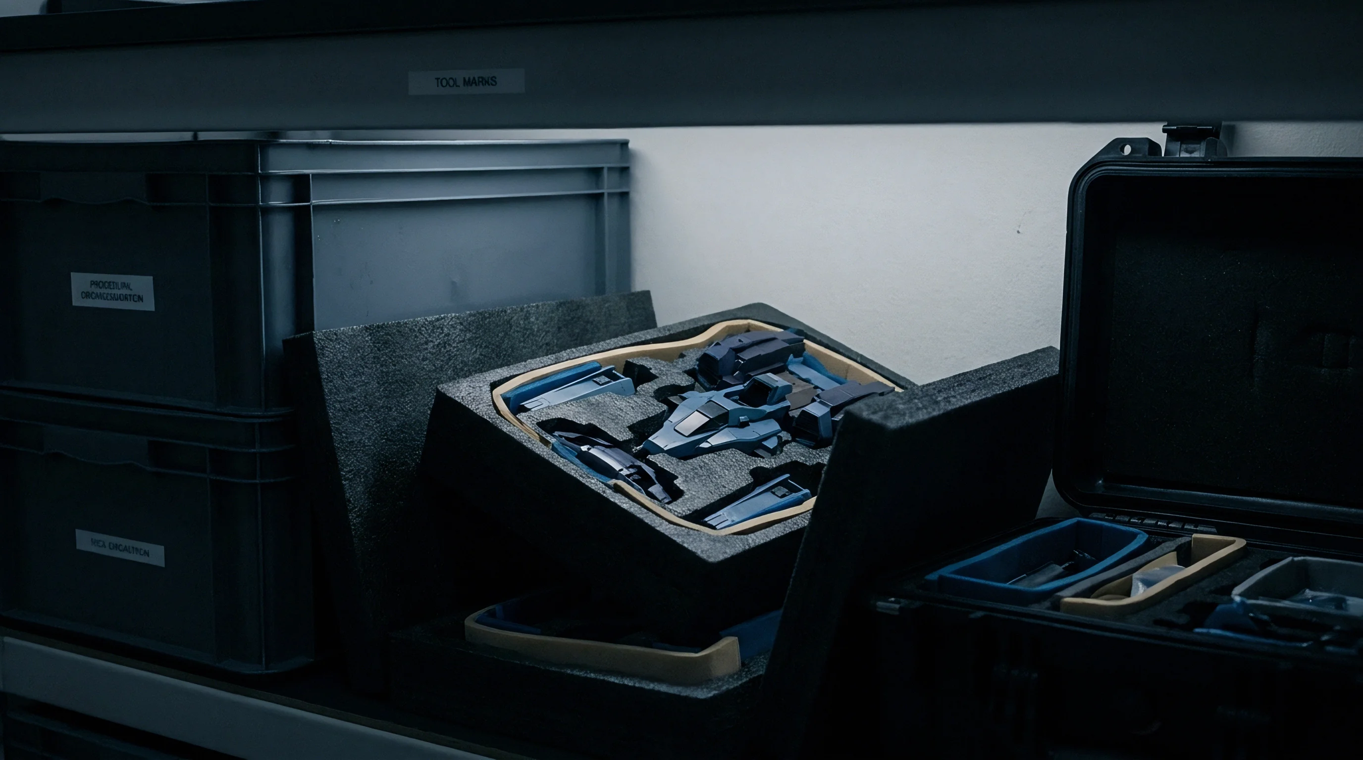 Blue molded plastic assembly sits inside custom cut dark foam padding within a rigid plastic case stored on an industrial metal shelf.