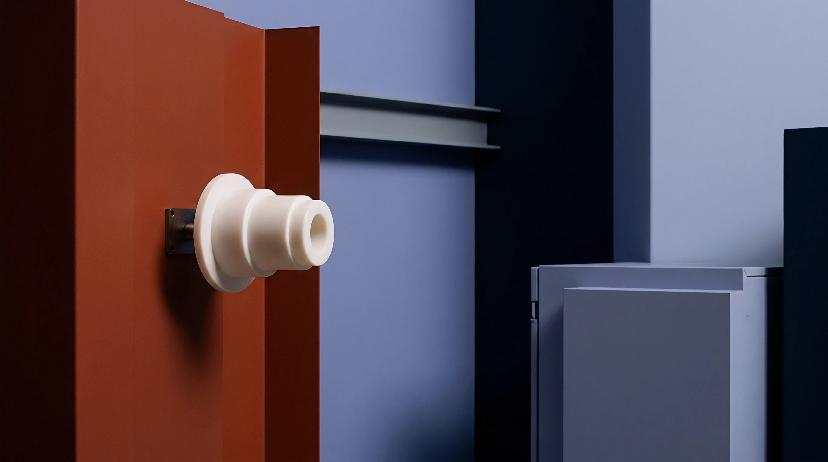 A tiered white polymer nozzle component attaches to an orange vertical panel within a geometric arrangement of blue and dark industrial surfaces.