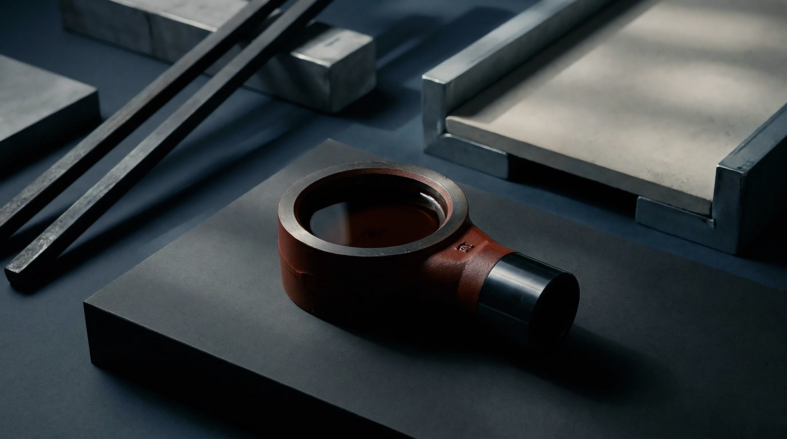 A dark reddish brown molded polymer housing component rests on a matte grey industrial work surface beside metallic tooling stock.