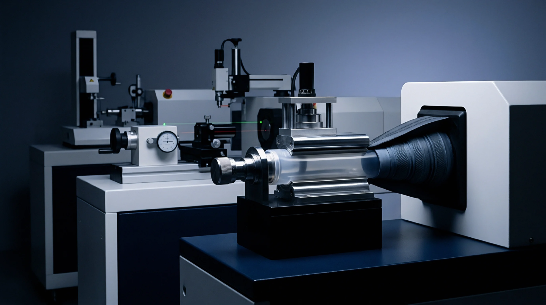 A transparent molded polymer component is secured in a precision fixture, undergoing detailed optical inspection within a controlled laboratory environment.