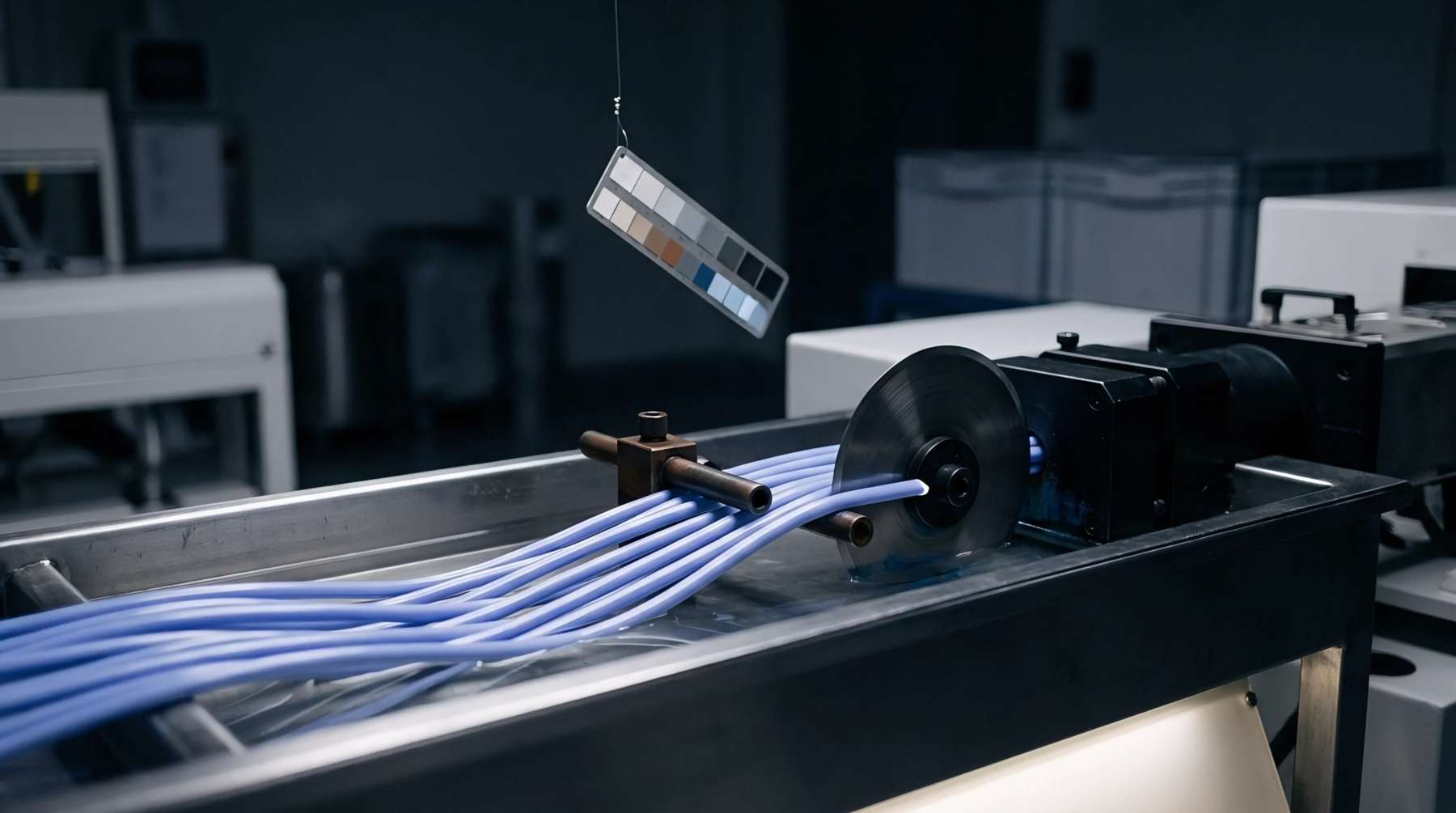 Polymer filaments flow from an extrusion line through a rotating cutting blade assembly beneath a hanging colorimetry reference chart in a laboratory setting.