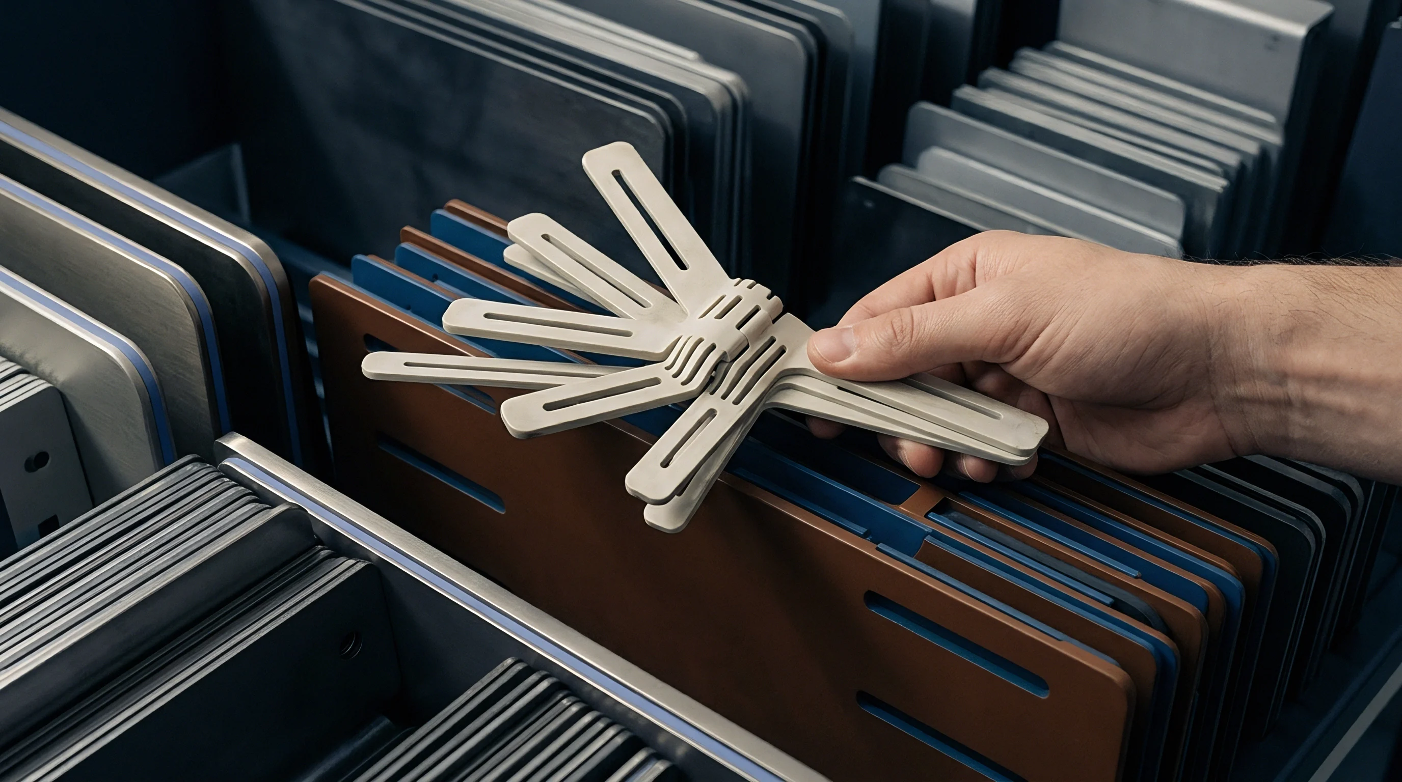 A hand holds a beige multipart polymer prototype featuring slotted tabs over organized rows of stacked industrial plates in a storage rack.