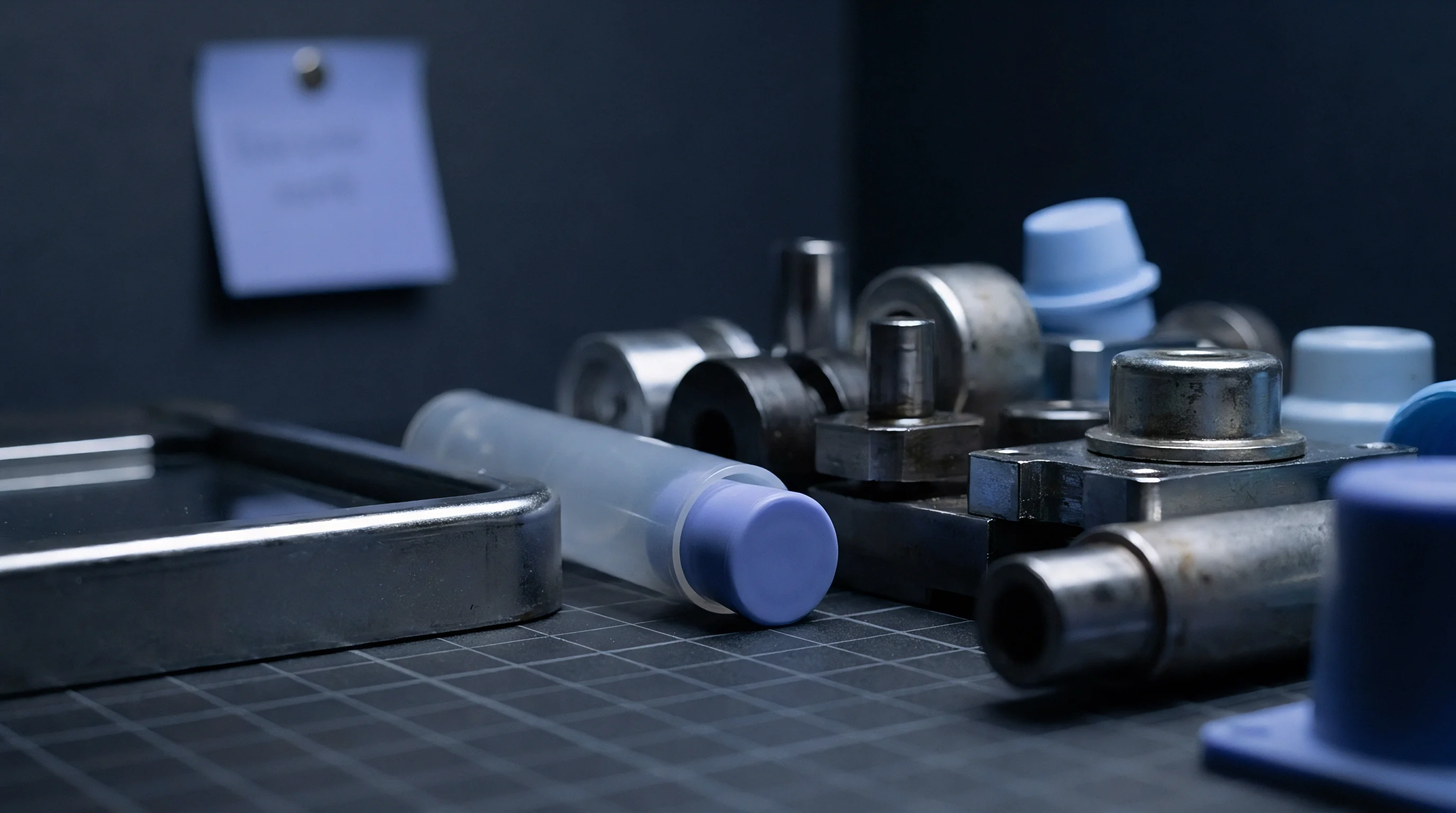 Precision metallic mold tooling and polymer caps rest on a dark gridded surface prepared for manufacturing prototyping or quality control inspection.