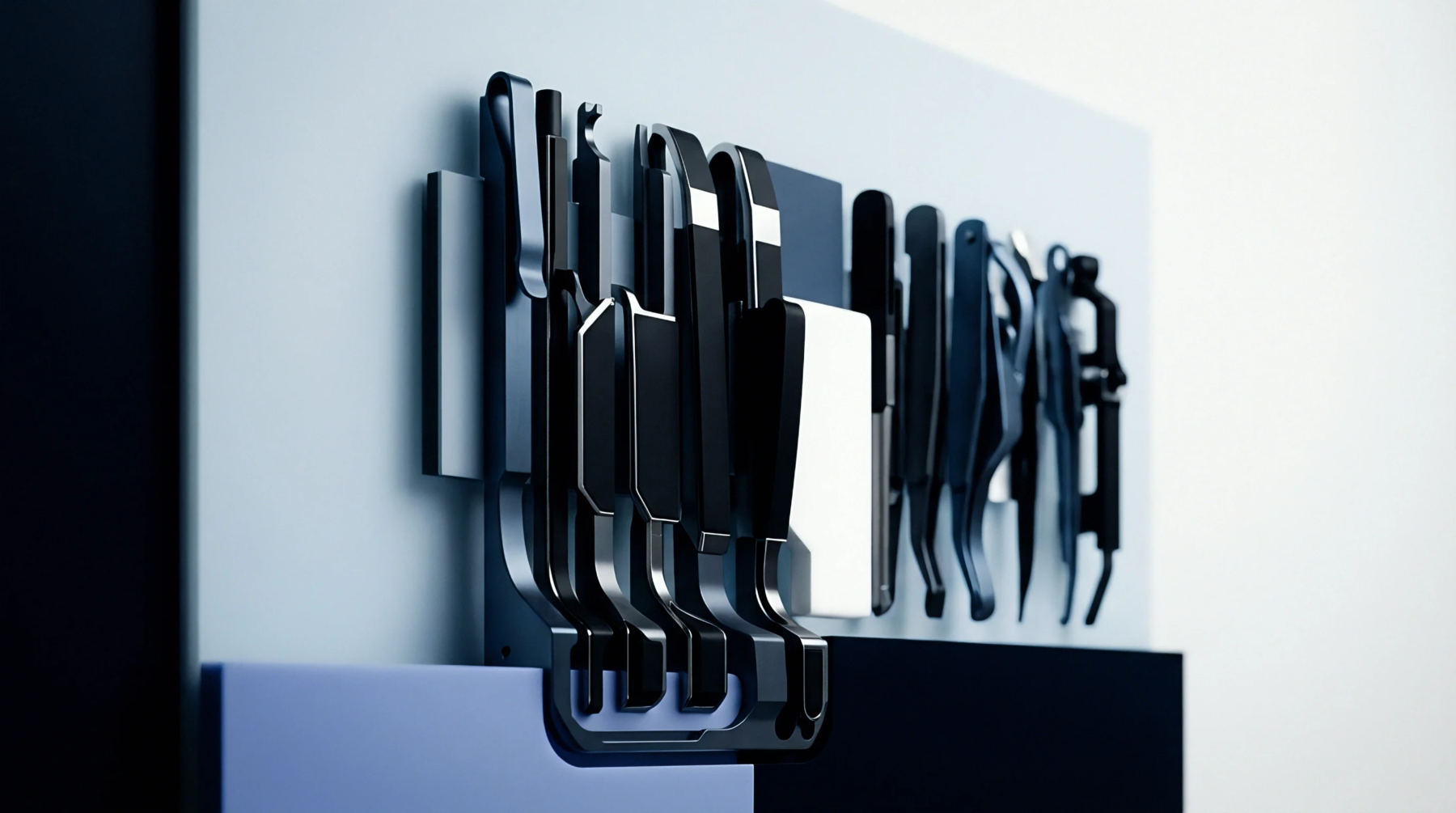 Dark metallic precision tooling inserts and polymer components occupy a modular vertical rack system within a digital render of industrial production equipment.