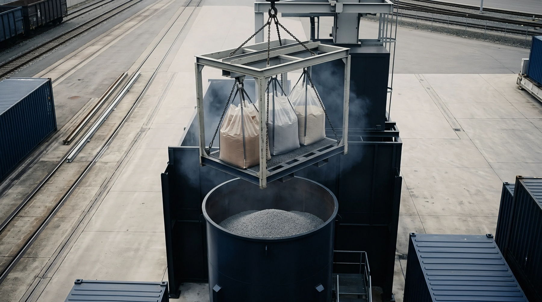 Large bulk bags of granulated plastic resin are lowered by crane into a central industrial hopper to feed an extrusion manufacturing process.