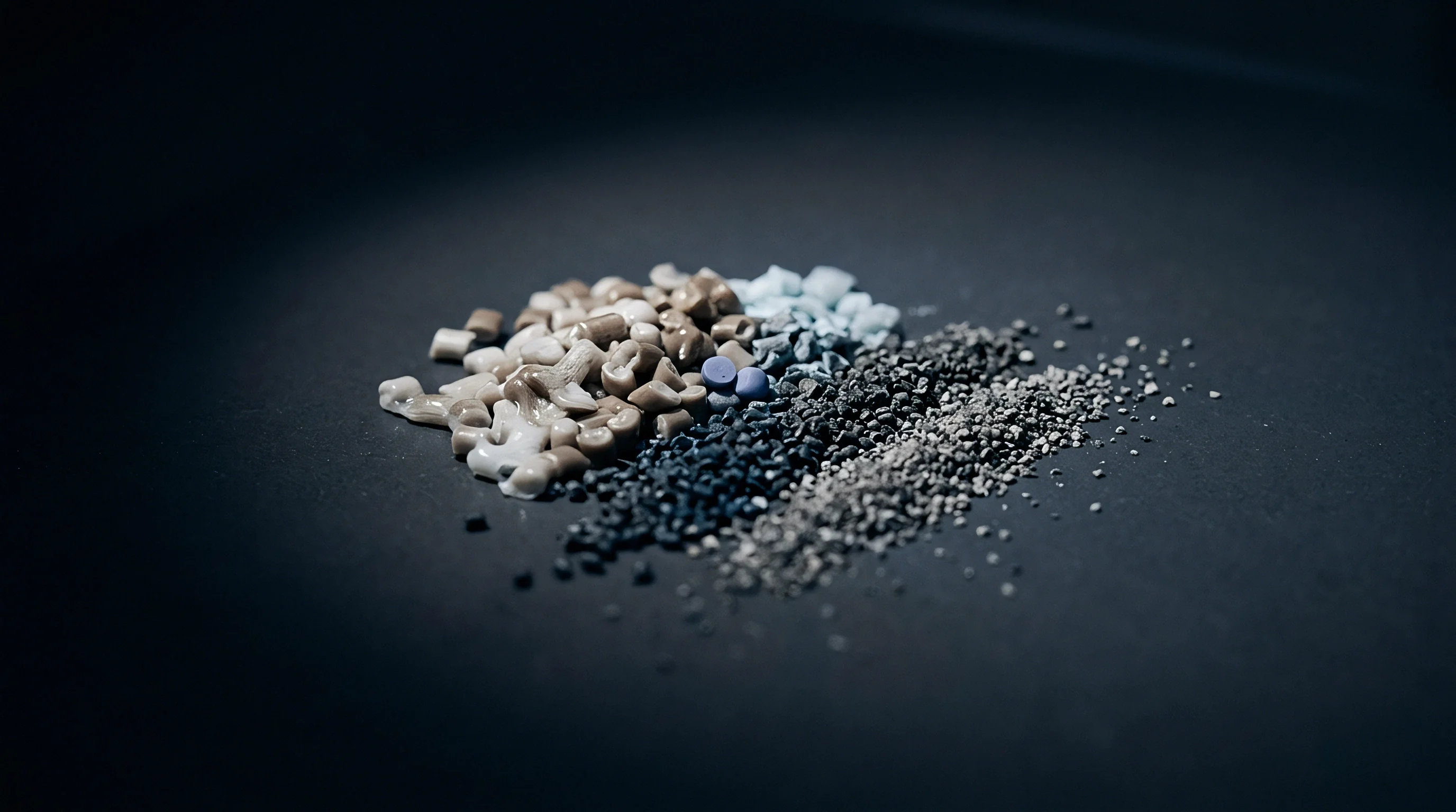 Five distinct piles of polymer materials ranging from large brown pellets to fine grey powder lie on a dark flat surface.