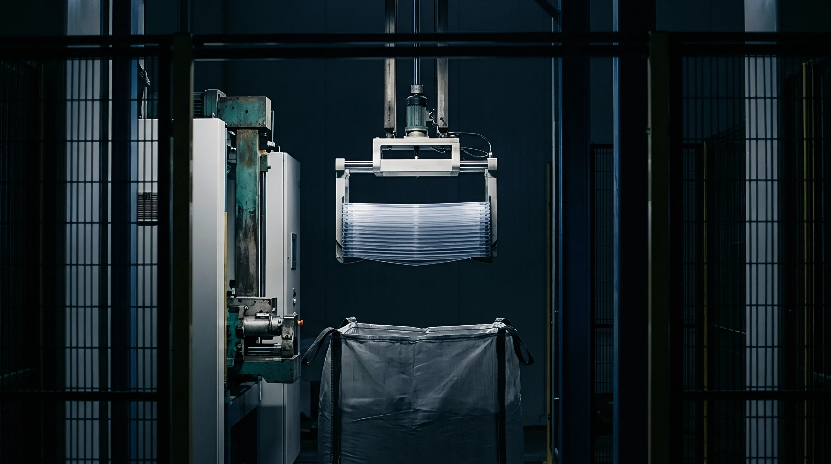 Robotic gripper suspends a stack of translucent corrugated polymer sheets above an industrial bulk bag within a production facility safety enclosure.