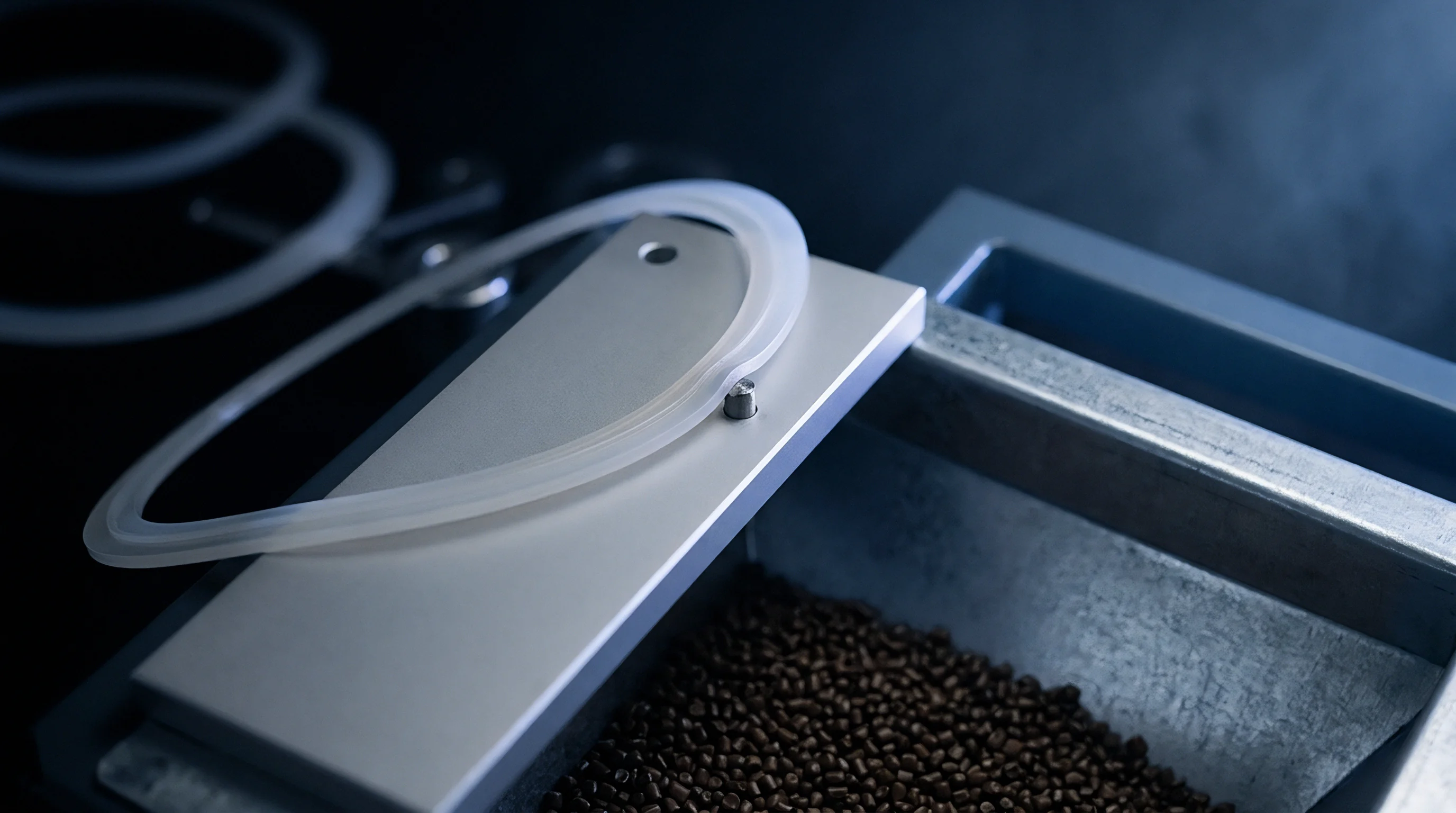A translucent silicone gasket rests atop a stainless steel hopper filled with granulated dark polymer resin pellets ready for industrial processing.