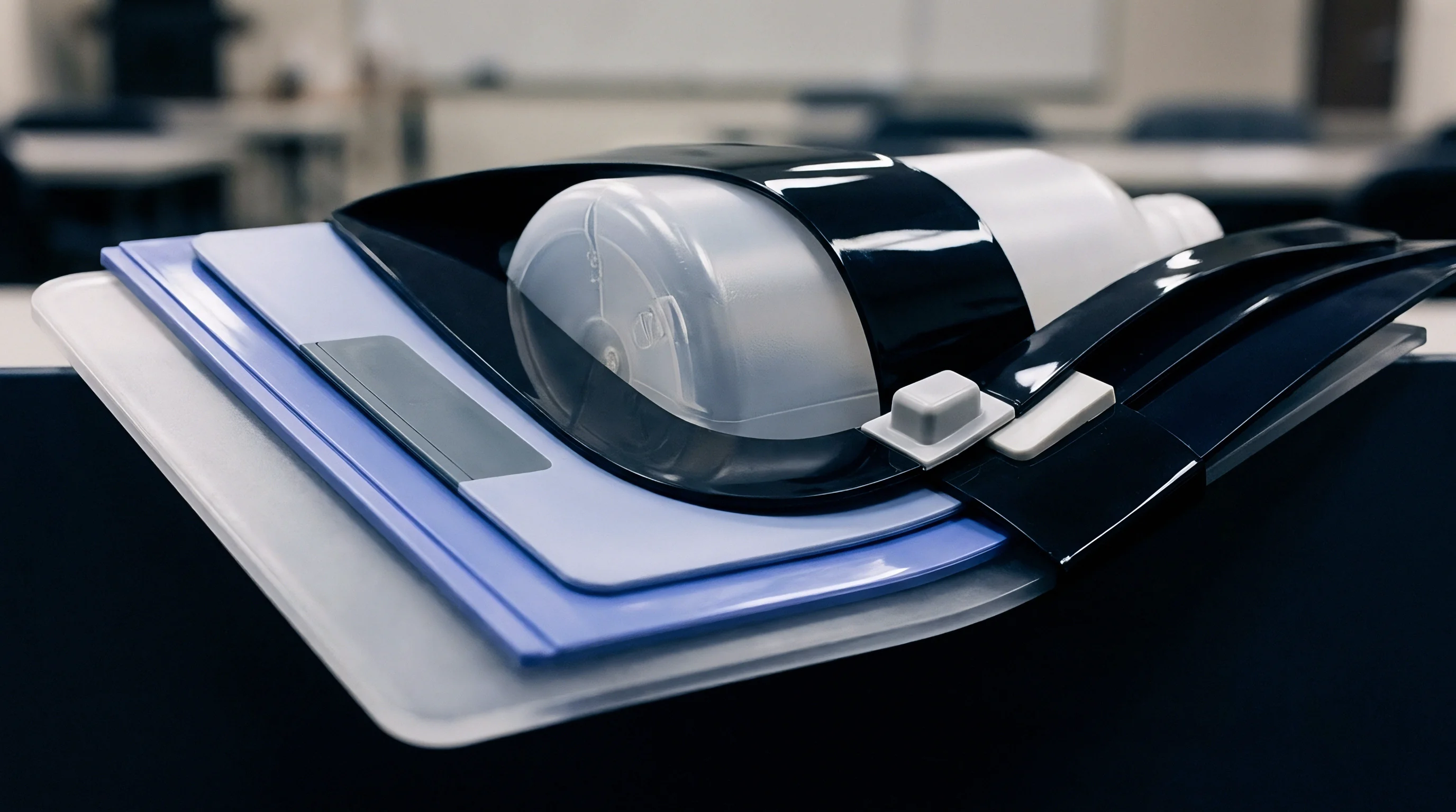 A layered assembly of clear white, light blue, and dark blue plastic sheets supports a transparent plastic dispenser housed within a glossy black polymer structure.