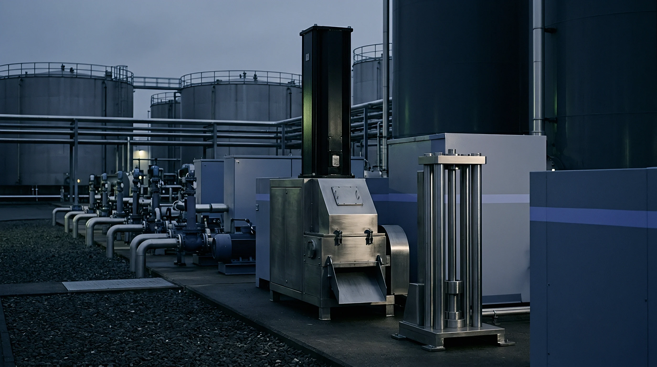 Stainless steel granulation machinery stands among industrial piping and storage silos within a polymer processing facility focused on granular material production.