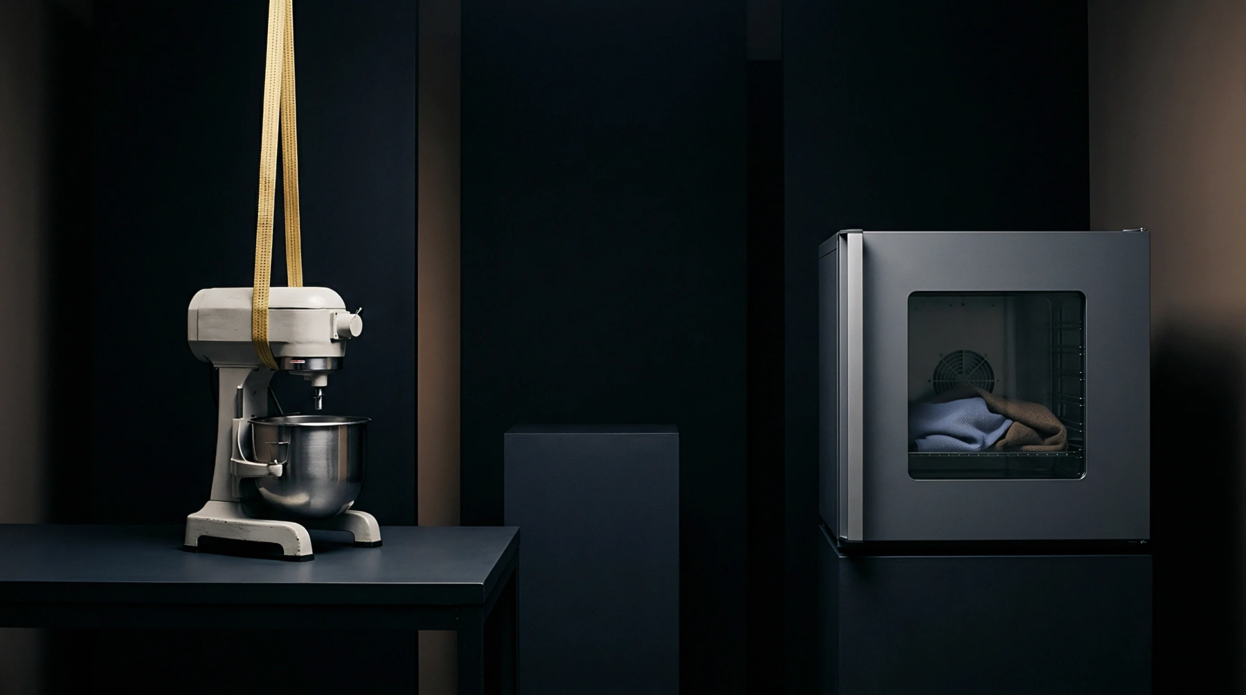A digital render features a white electric mixer suspended by yellow industrial straps above a dark table beside a grey thermal test chamber.
