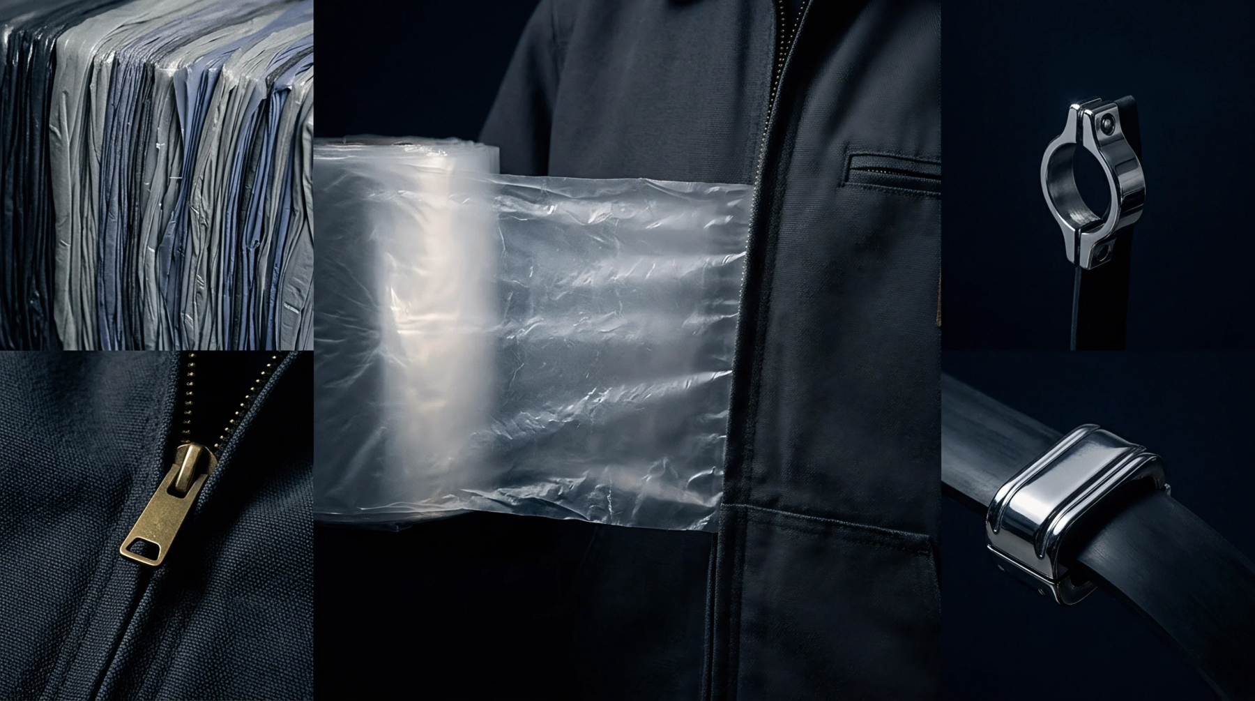 A composite illustration features rolls of transparent thin gauge film alongside metallic hardware components and finished heavy duty industrial textile apparel.