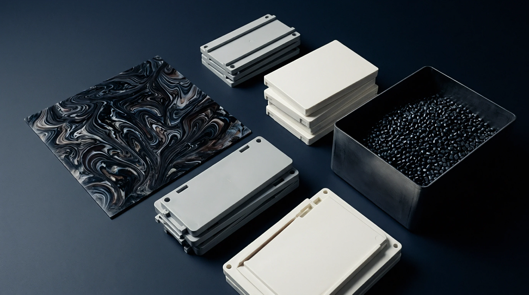 Molded polymer plaques in neutral tones and a sheet of marbleized plastic lie arranged next to a bin of black compounding pellets.