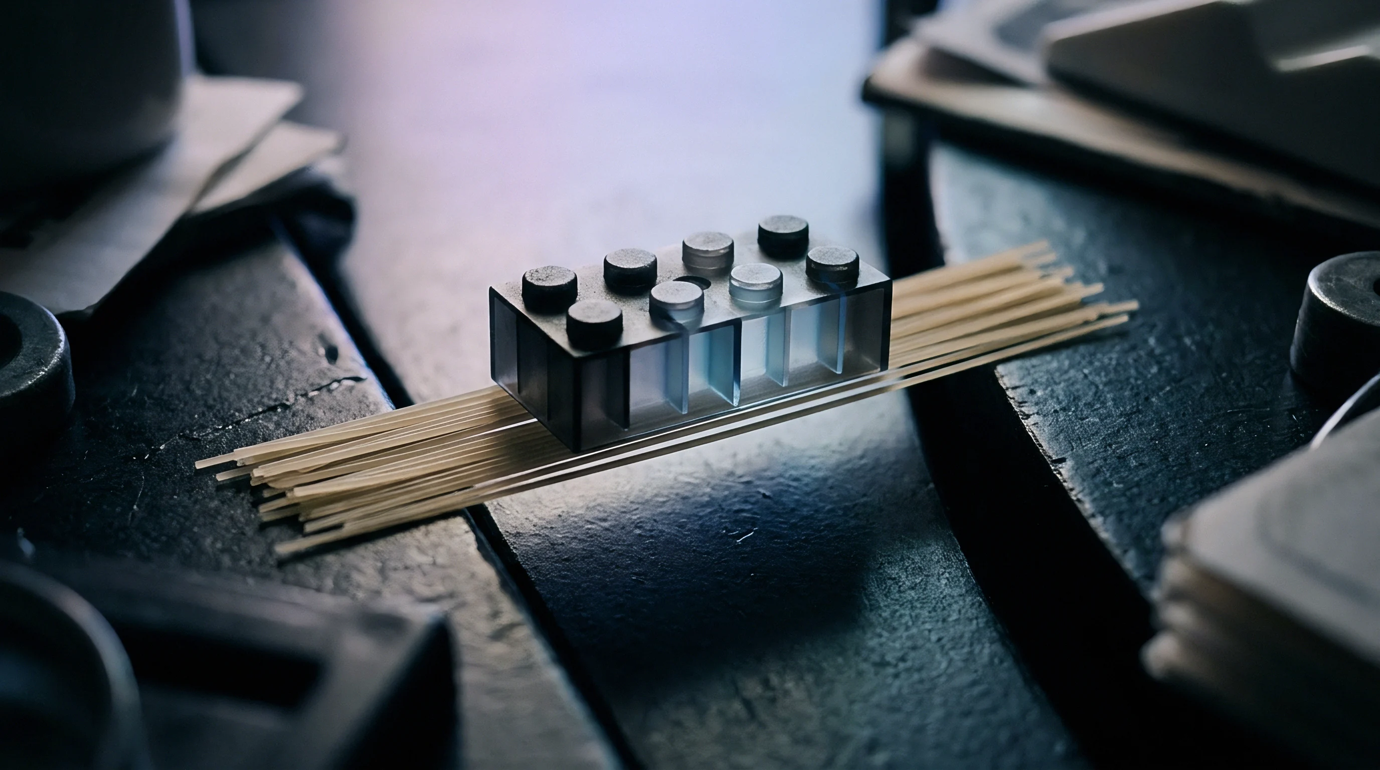 A smoke grey translucent thermoplastic molded block rests atop a horizontal bundle of thin extruded tan polymer rods on a dark workshop surface.