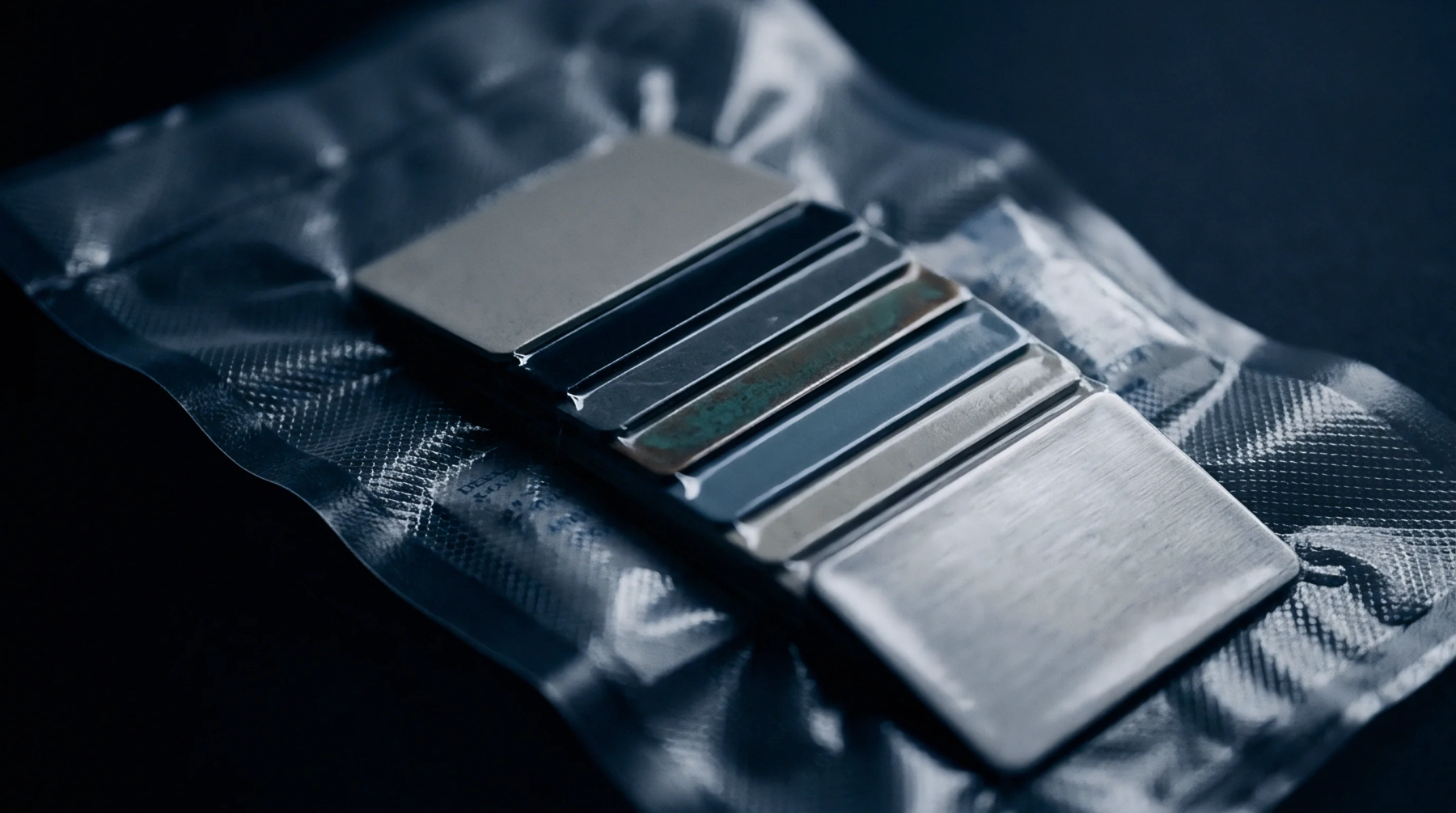 Rectangular material test plaques with various industrial finishes rest inside a vacuum sealed transparent embossed polyethylene pouch on a dark nonreflective production surface.