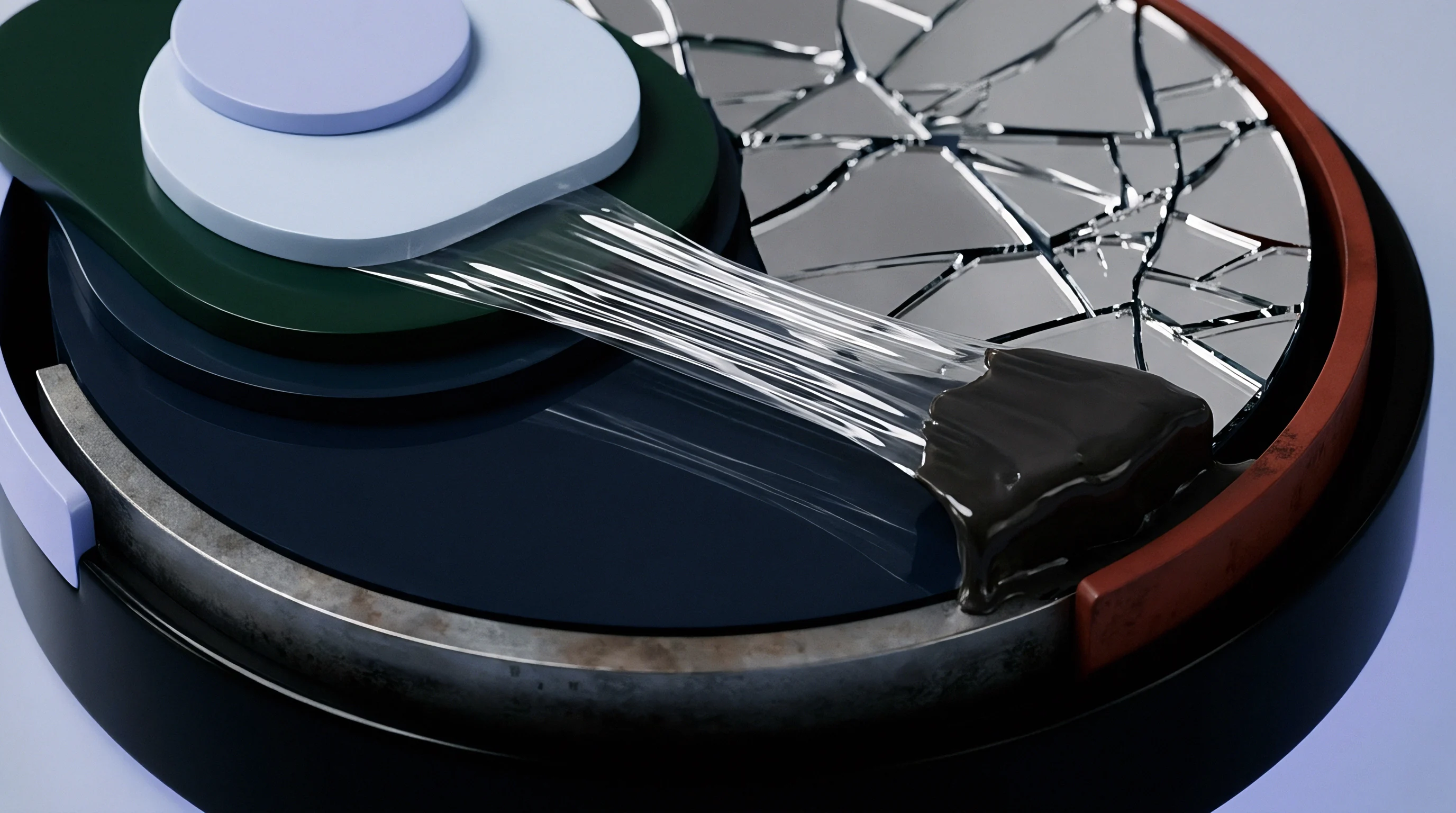 A 3D render displays viscous polymer stringing between a cracked rigid substrate and a dark moulded component inside a circular assembly.